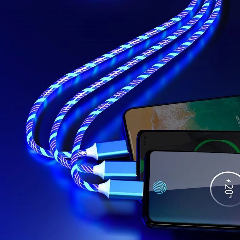 3 in 1 LED Flowing Magnetic Charging Cable Magnetic Phone Charger Light up Shining USB C Cable Android Micro USB Type C Iphone