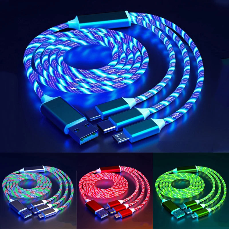3 in 1 LED Flowing Magnetic Charging Cable Magnetic Phone Charger Light up Shining USB C Cable Android Micro USB Type C Iphone